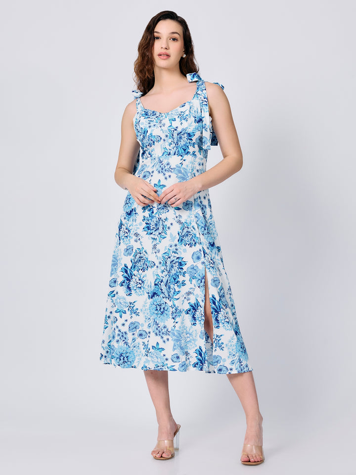 Blue Floral Printed Slip Midi Dress