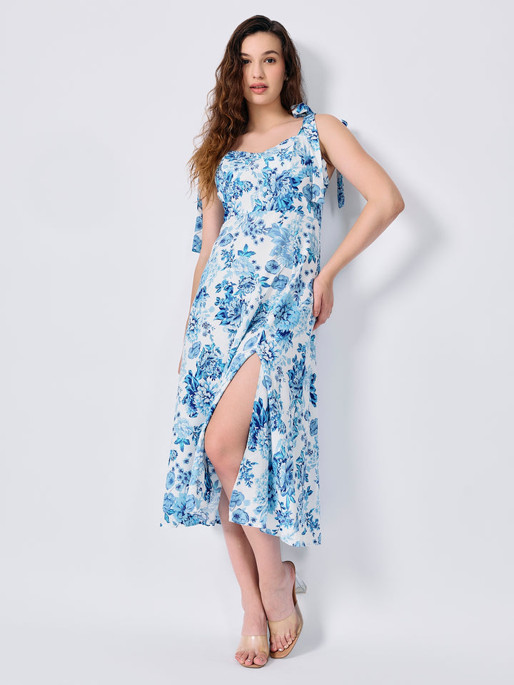 Blue Floral Printed Slip Midi Dress