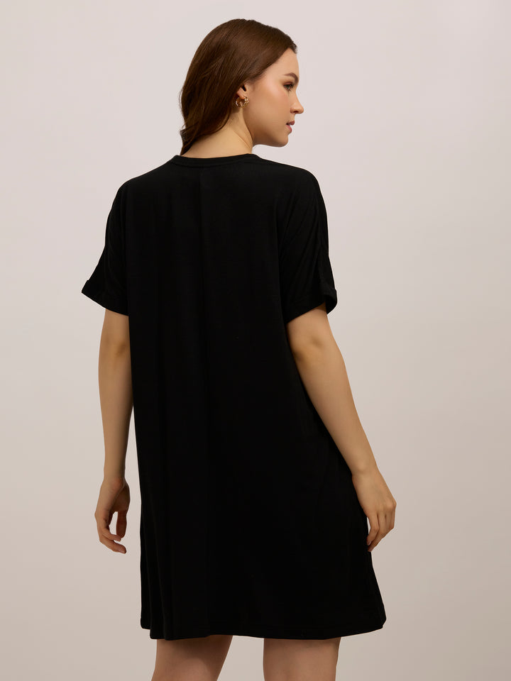 Black Fold Up Sleeve T-Shirt Dress
