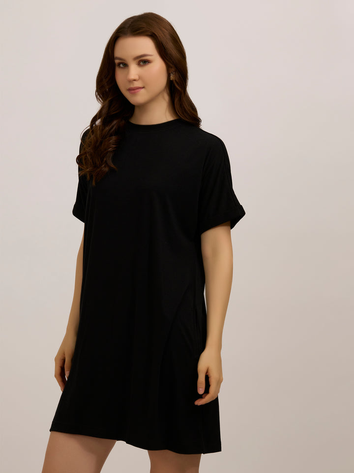 Black Fold Up Sleeve T-Shirt Dress