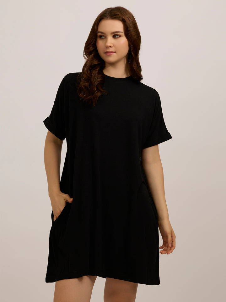Black Fold Up Sleeve T-Shirt Dress