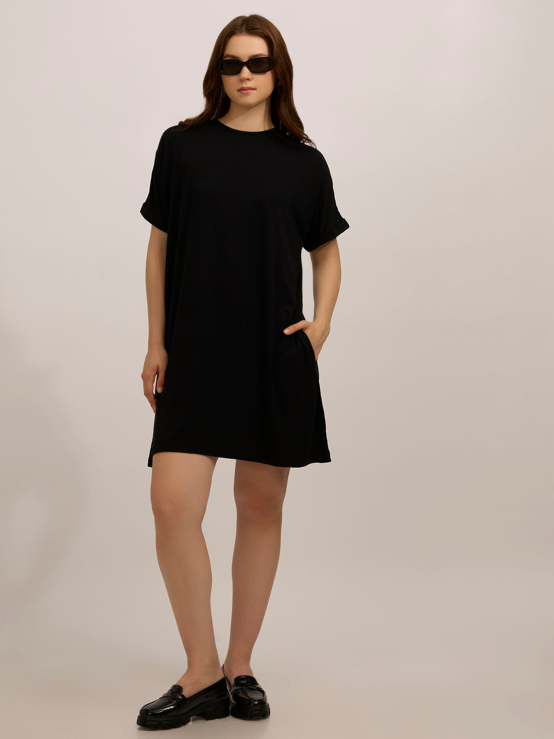 Black Fold Up Sleeve T-Shirt Dress