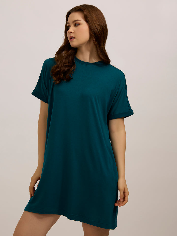 Teal Fold Up Sleeve T-Shirt Dress