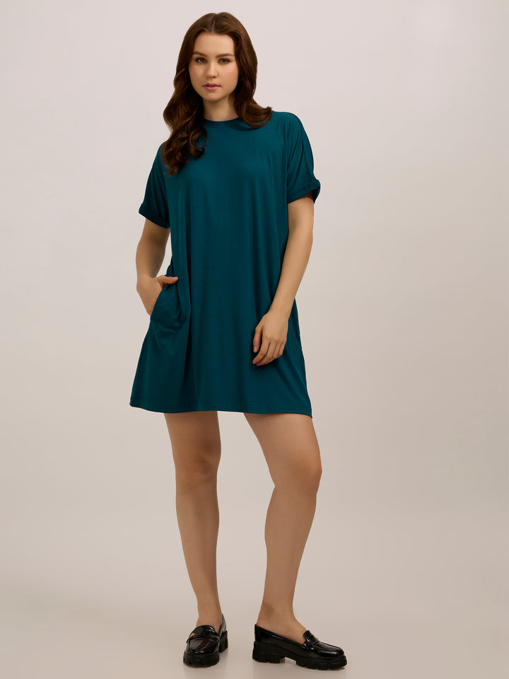 Teal Fold Up Sleeve T-Shirt Dress