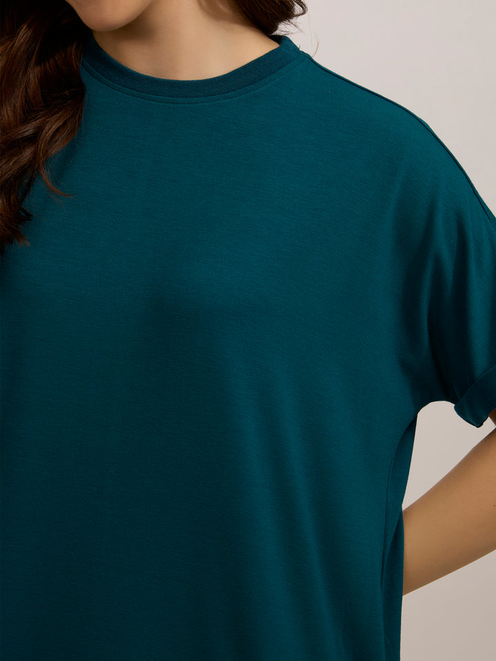 Teal Fold Up Sleeve T-Shirt Dress