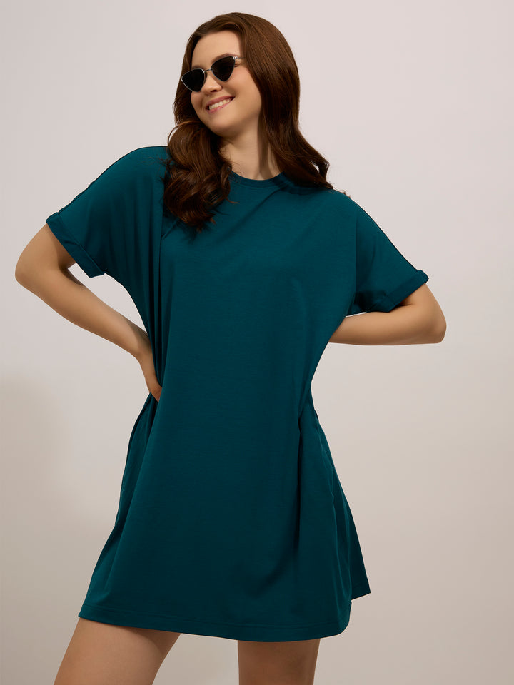 Teal Fold Up Sleeve T-Shirt Dress