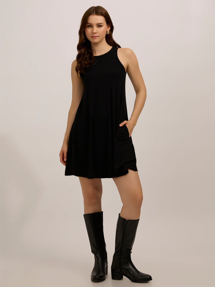 Black Solid Flowy Mini Dress