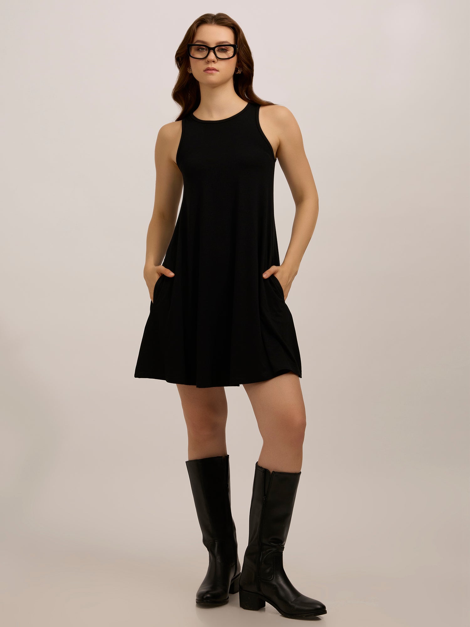 Black Solid Flowy Mini Dress
