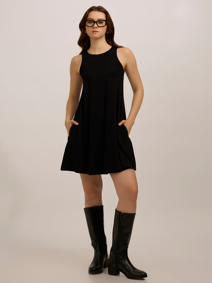 Black Solid Flowy Mini Dress