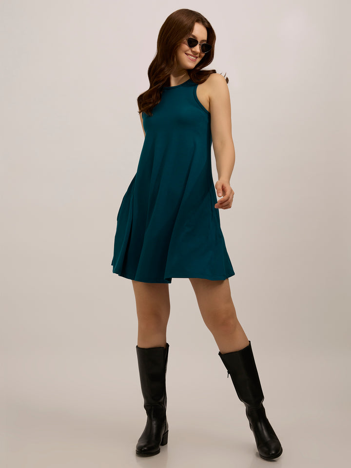 Teal Solid Flowy Mini Dress