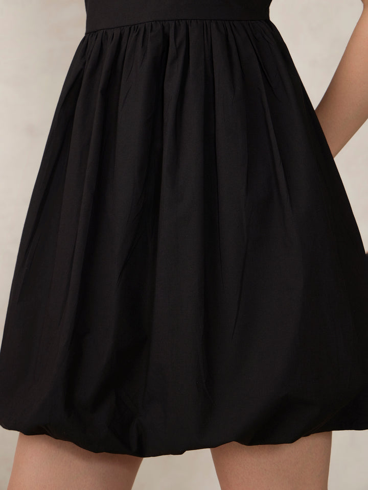 Black Solid Bubble Hem Mini Dress