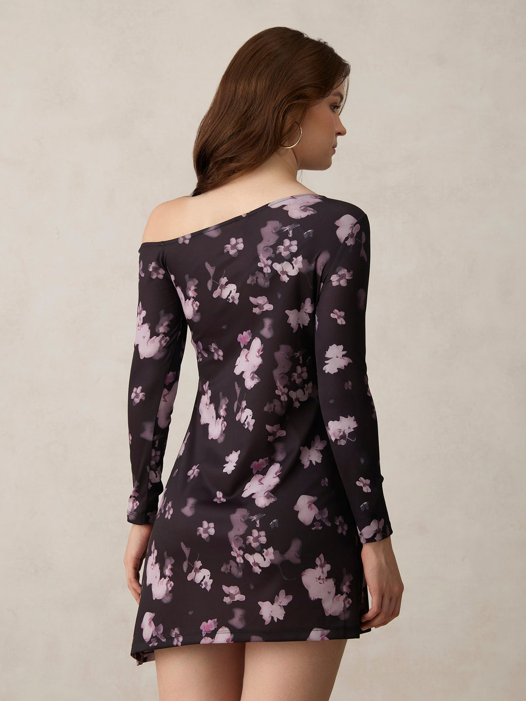 Black Printed Asymmetric Mini Off Shoulder Aline Dress
