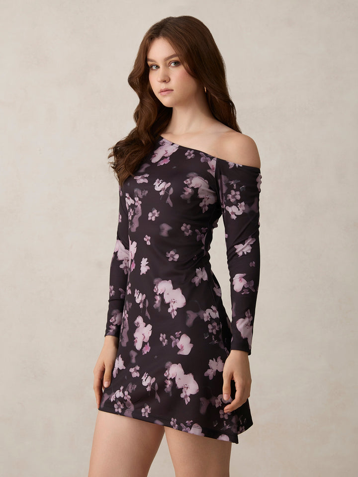 Black Printed Asymmetric Mini Off Shoulder Aline Dress