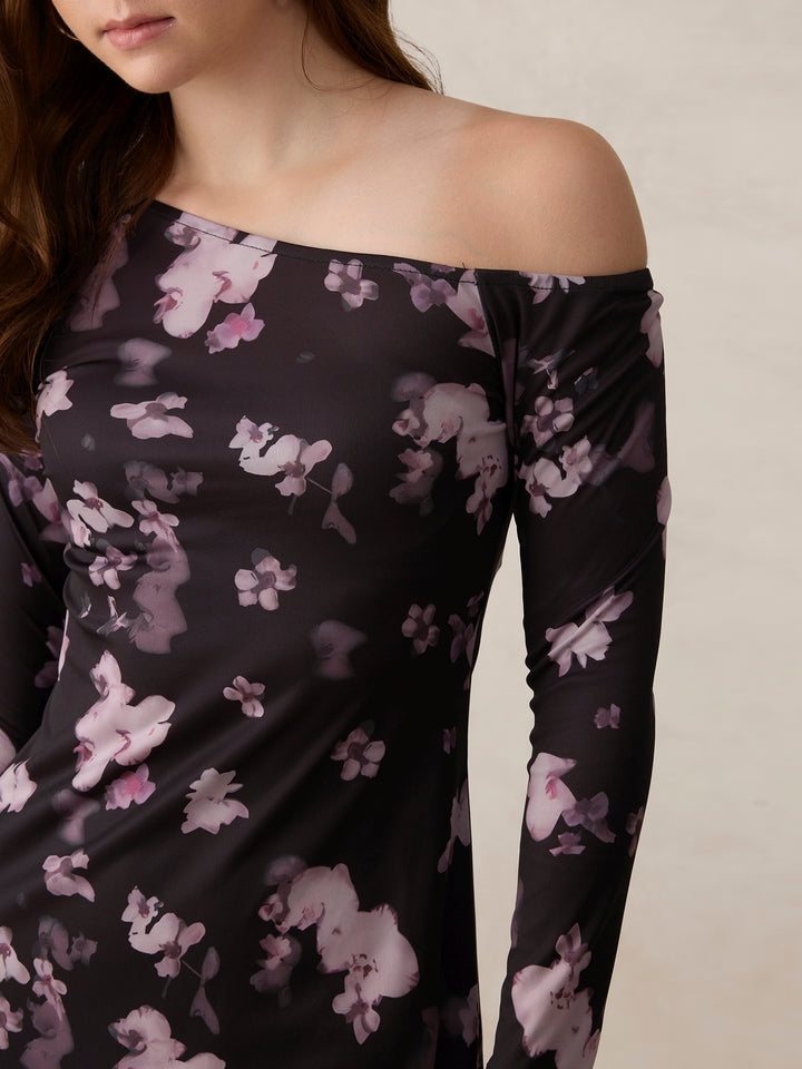 Black Printed Asymmetric Mini Off Shoulder Aline Dress