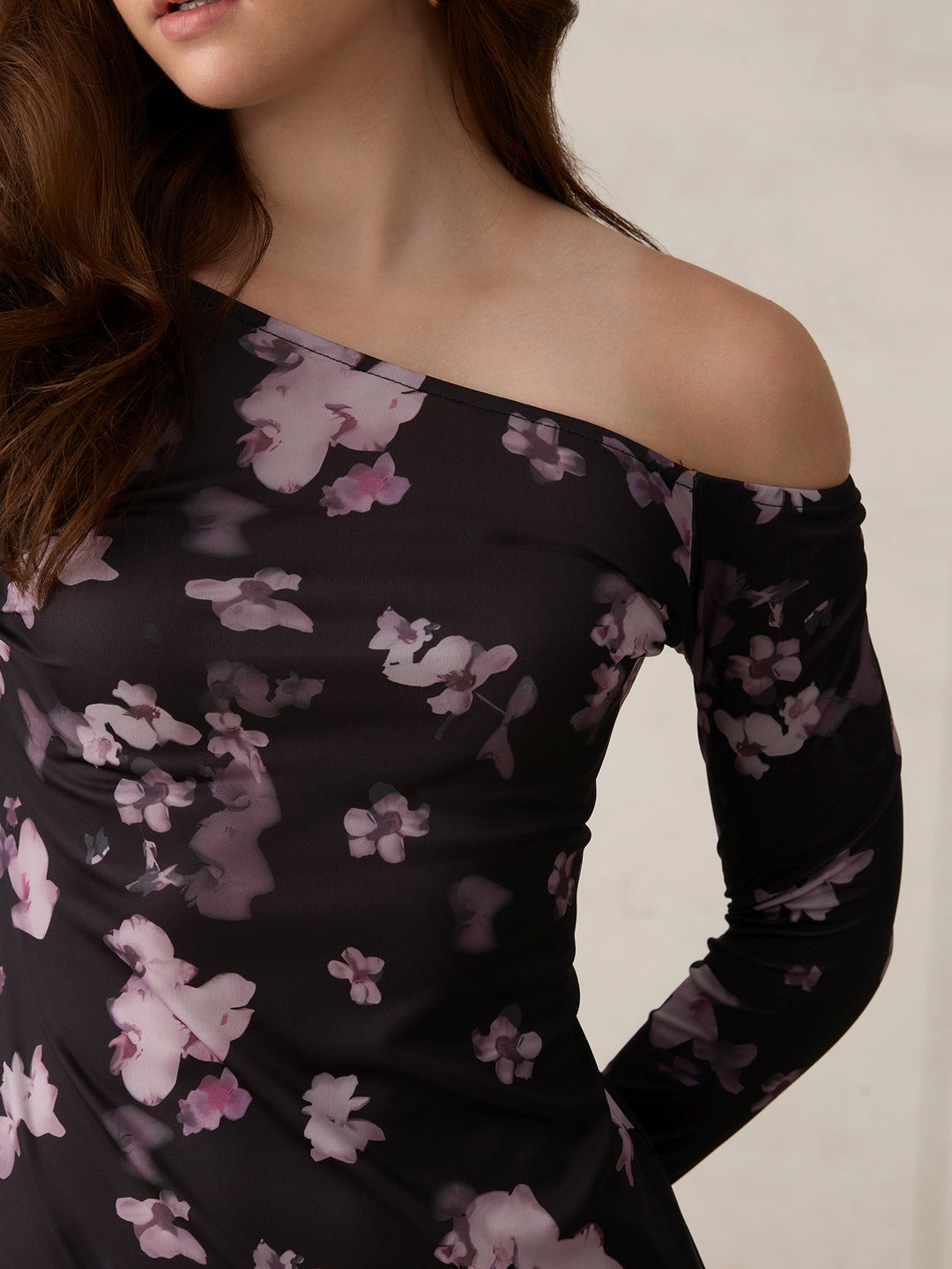 Black Printed Asymmetric Mini Off Shoulder Aline Dress