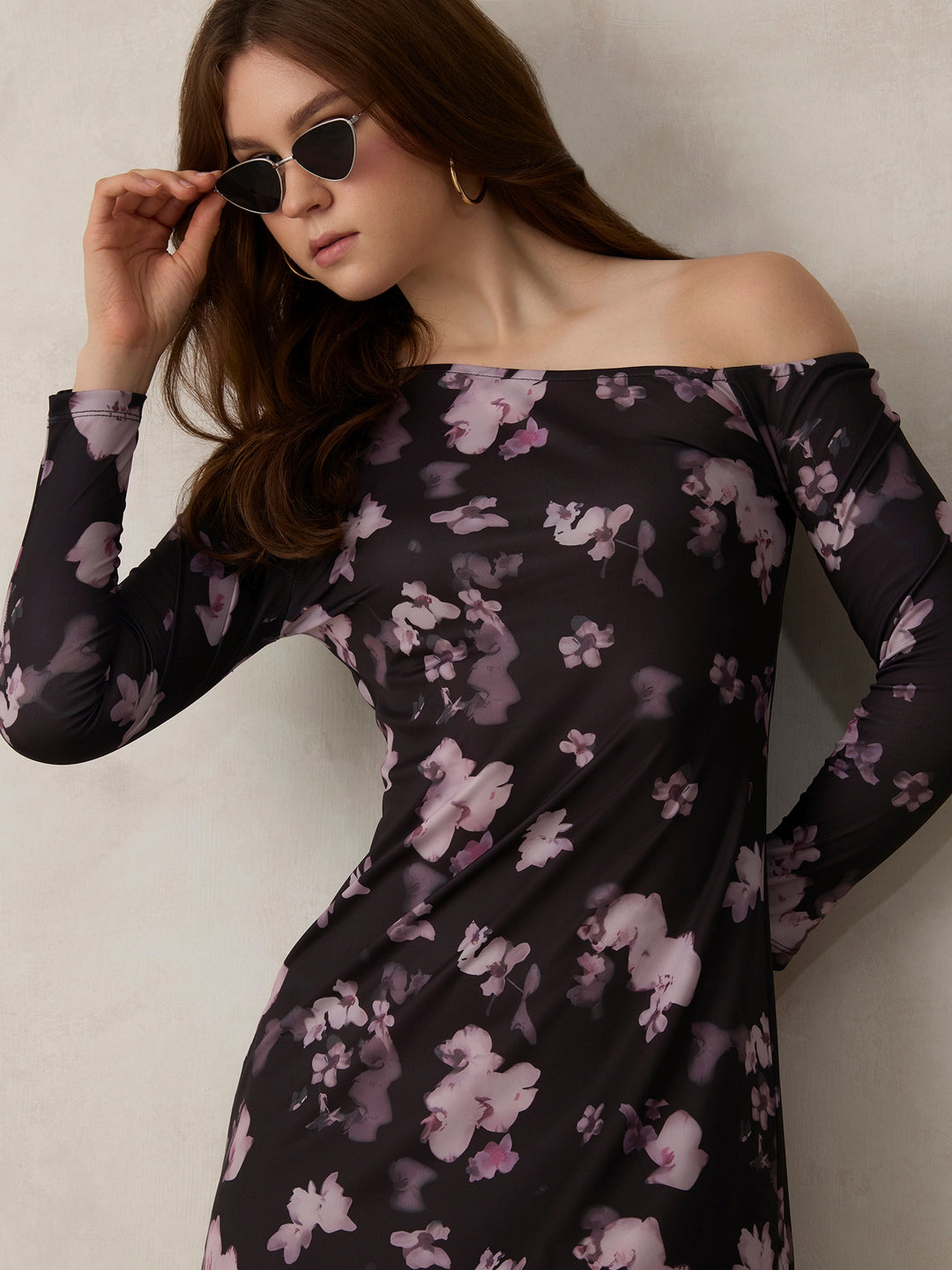 Black Printed Asymmetric Mini Off Shoulder Aline Dress