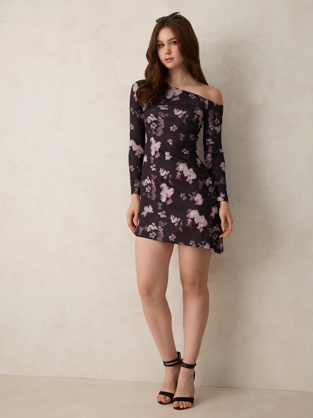 Black Printed Asymmetric Mini Off Shoulder Aline Dress