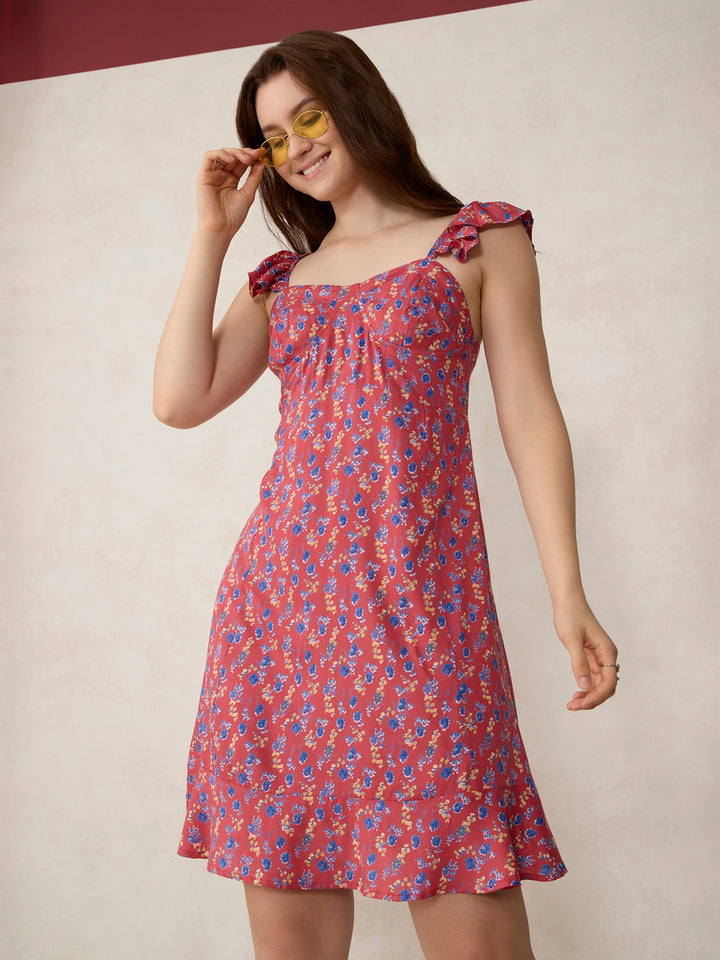 Red Printed Aline Mini Dress