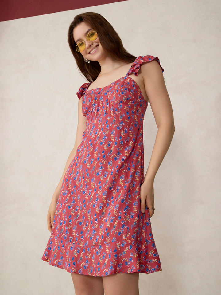Red Printed Aline Mini Dress