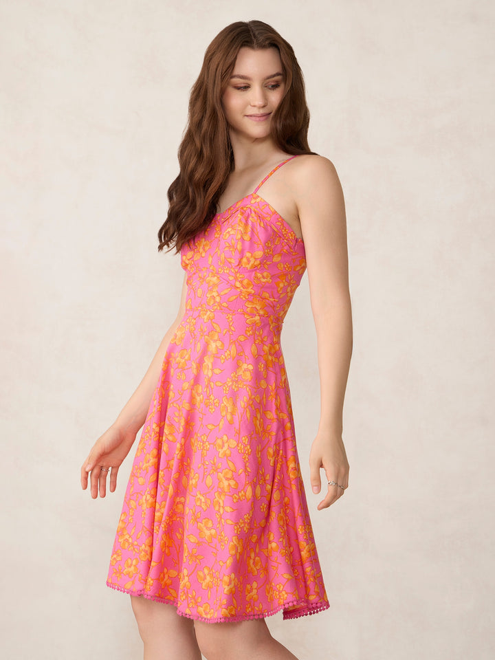 Pink Printed Fit And Flare Mini Dress