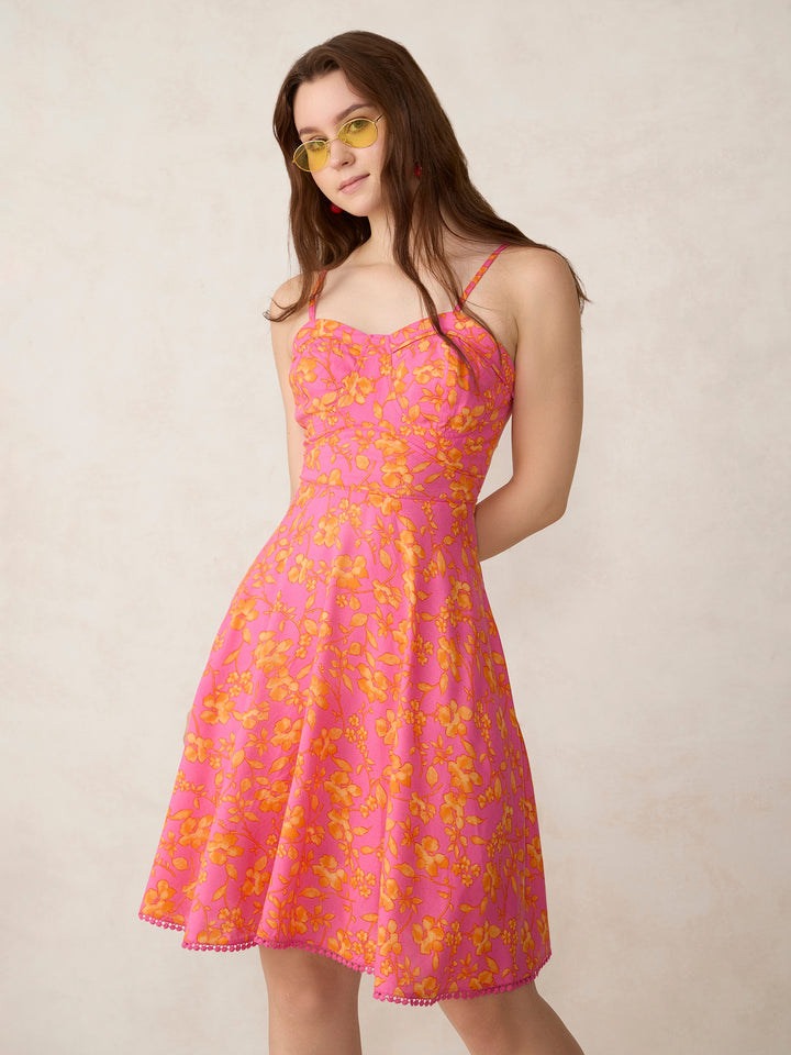 Pink Printed Fit And Flare Mini Dress