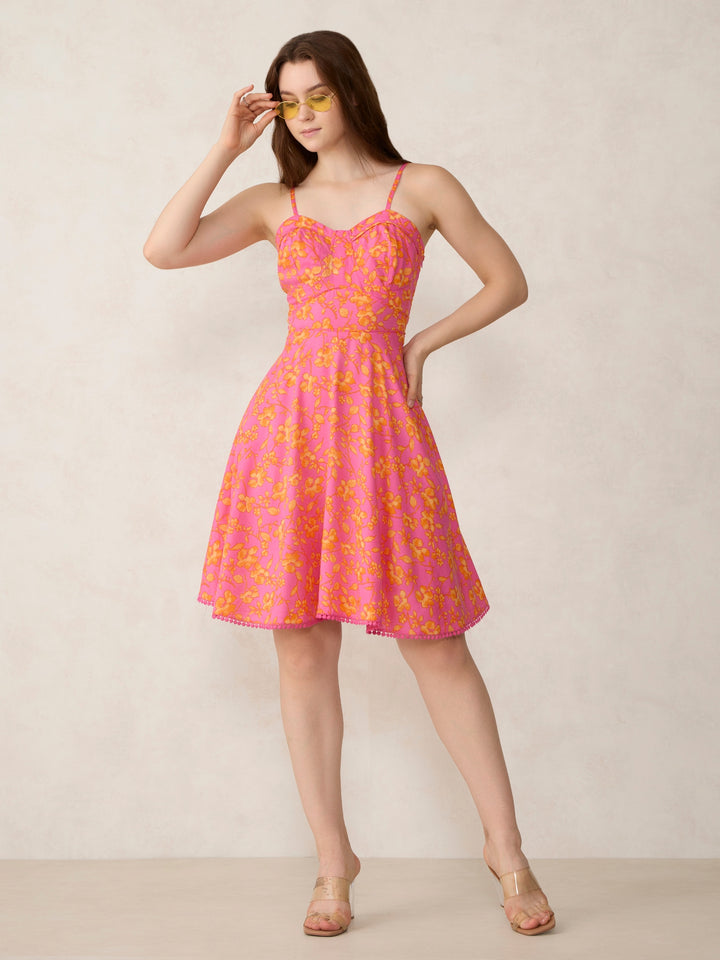 Pink Printed Fit And Flare Mini Dress