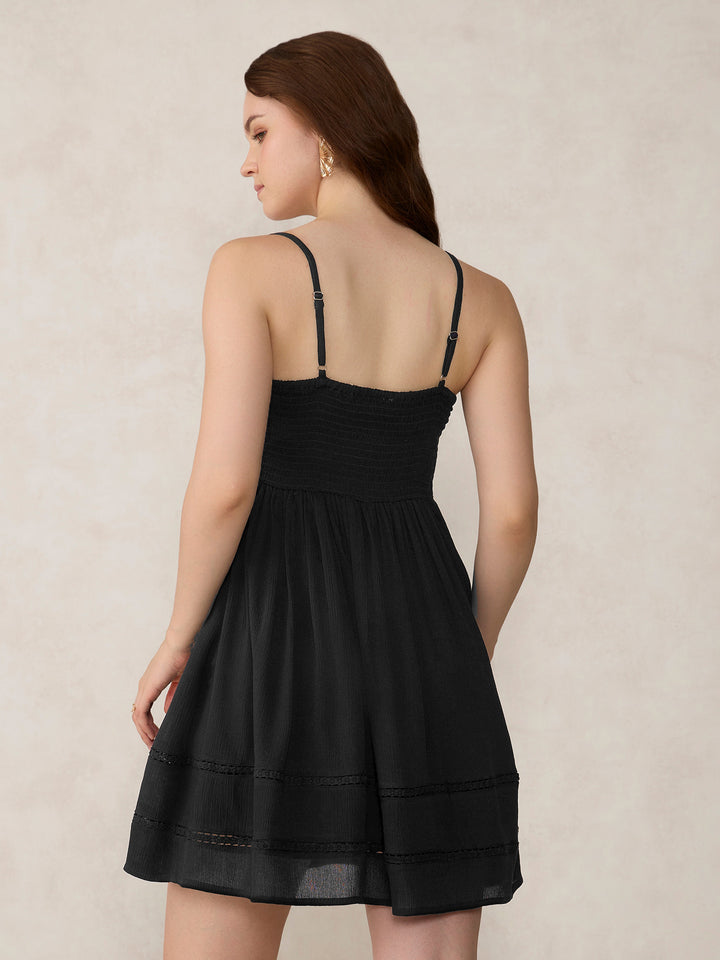 Black Aline Mini Dress With Lace Detail