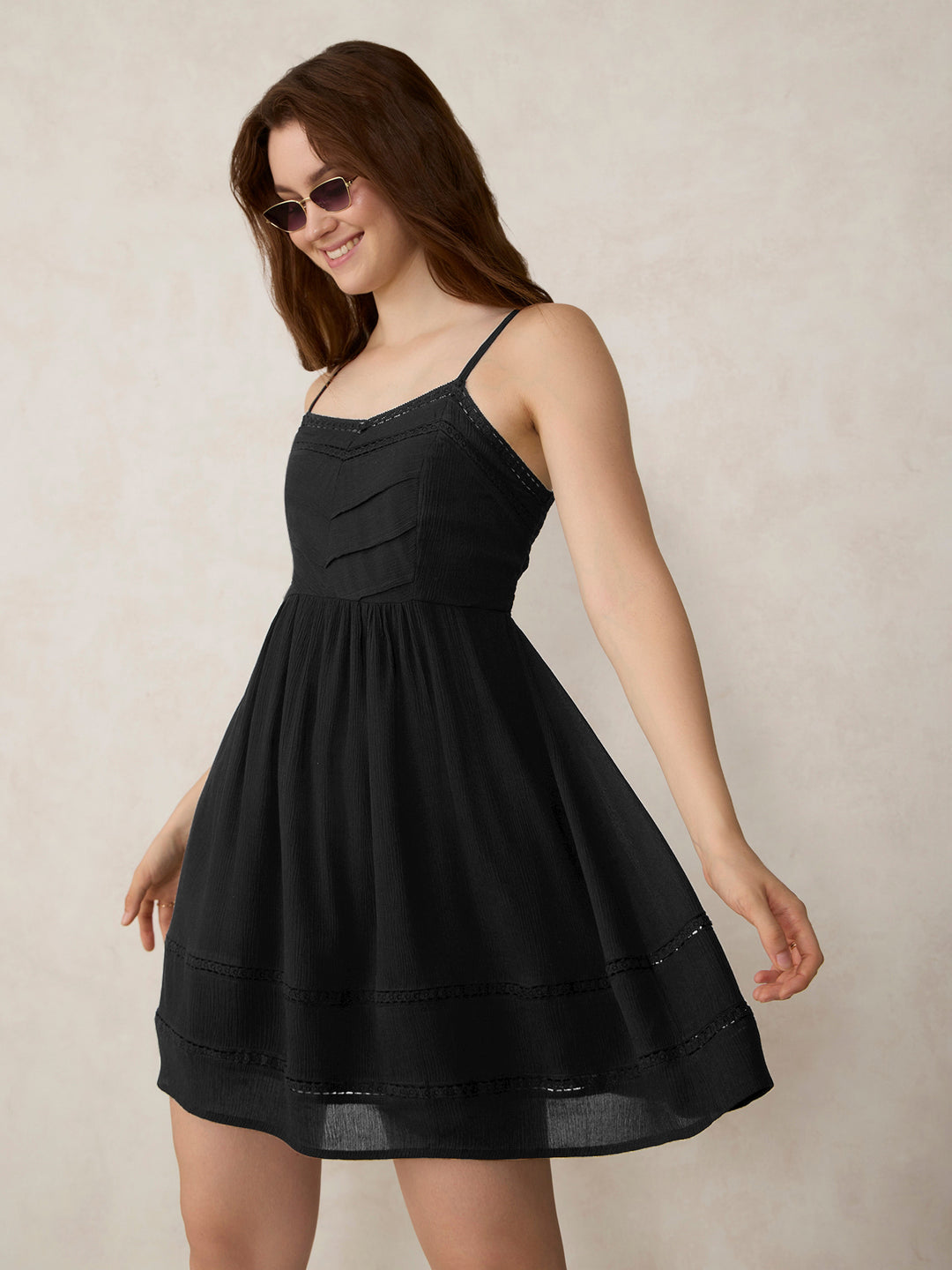 Black Aline Mini Dress With Lace Detail