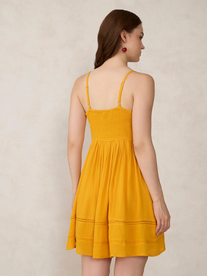 Mustard Aline Mini Dress With Lace Detail