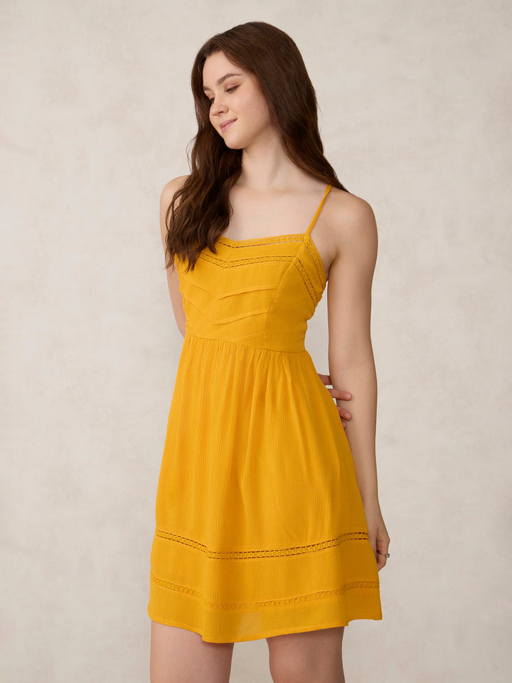Mustard Aline Mini Dress With Lace Detail