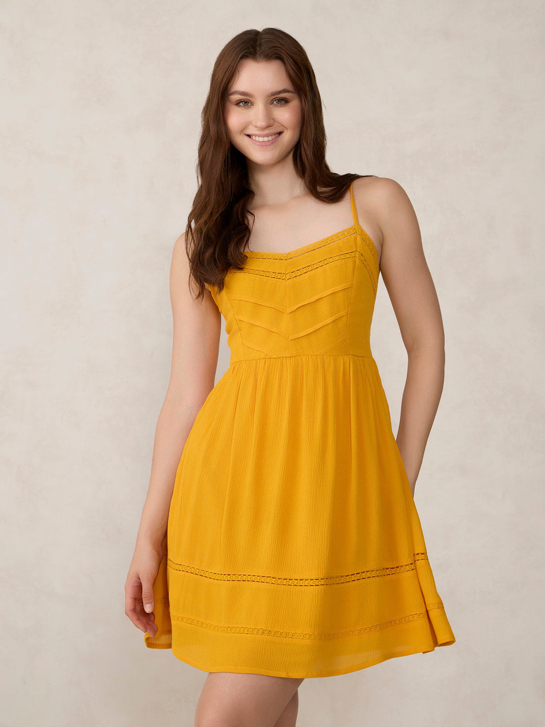 Mustard Aline Mini Dress With Lace Detail