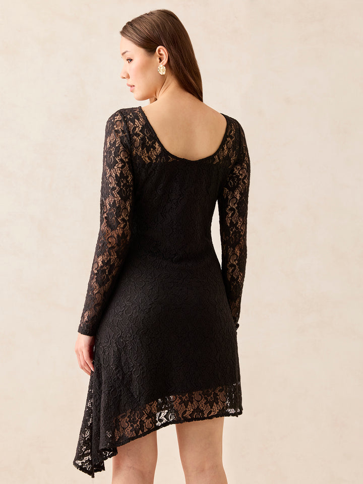 Black Full Sleeved Mini Lace Dress