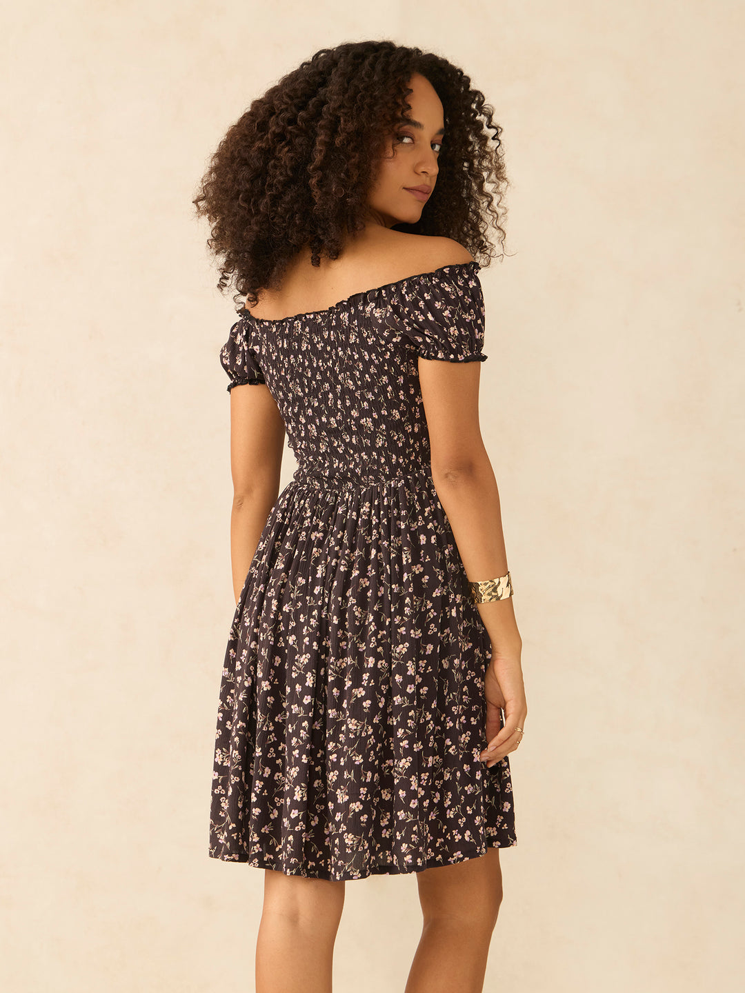 Black Off Shoulder Mini Dress With Smocking Detail