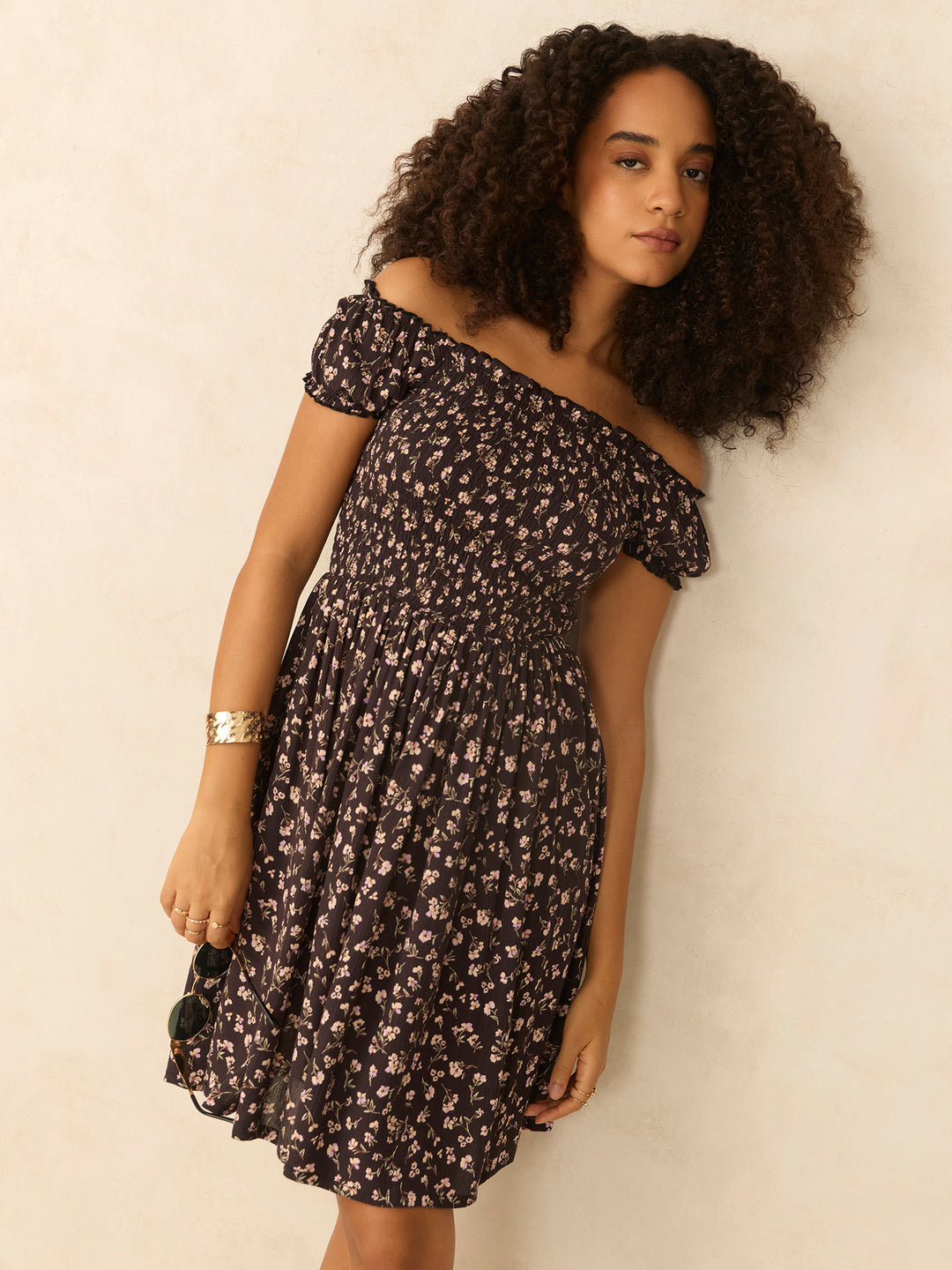 Black Off Shoulder Mini Dress With Smocking Detail