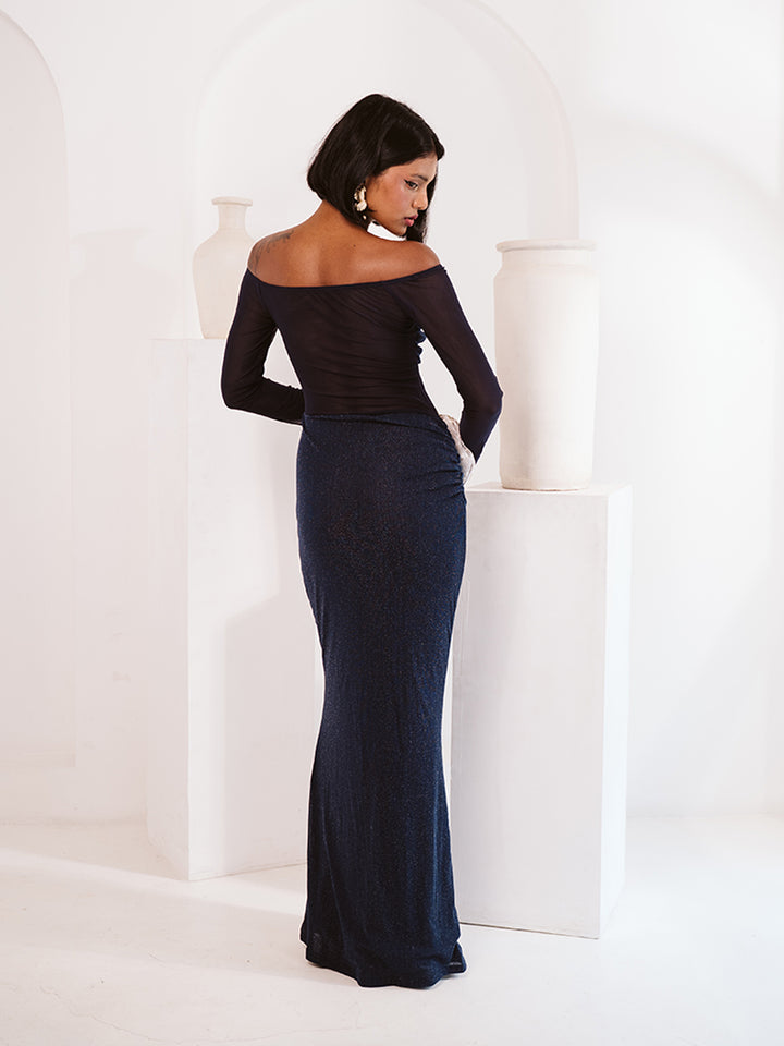 Blue Off-Shoulder Sheer Mesh Dress