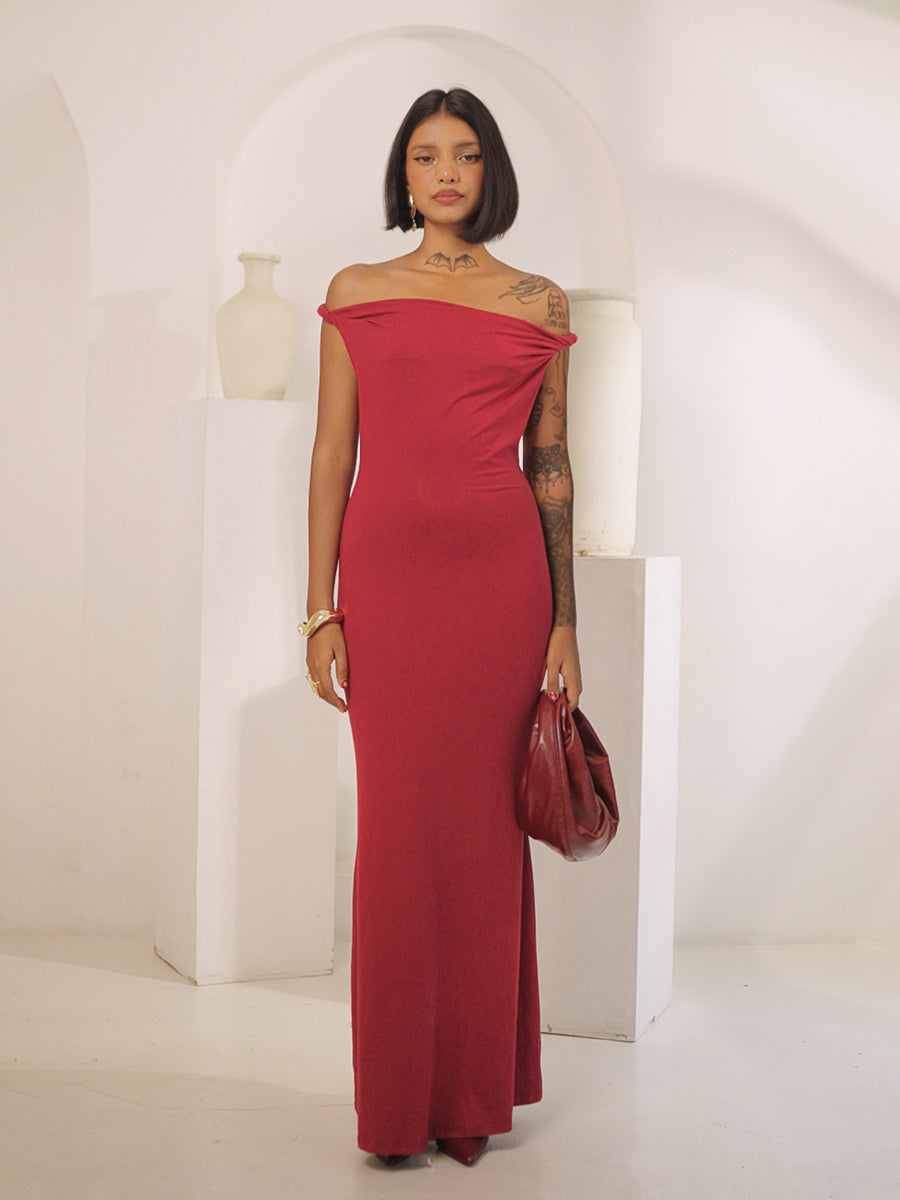 Red Off Shoulder Twisted Dress