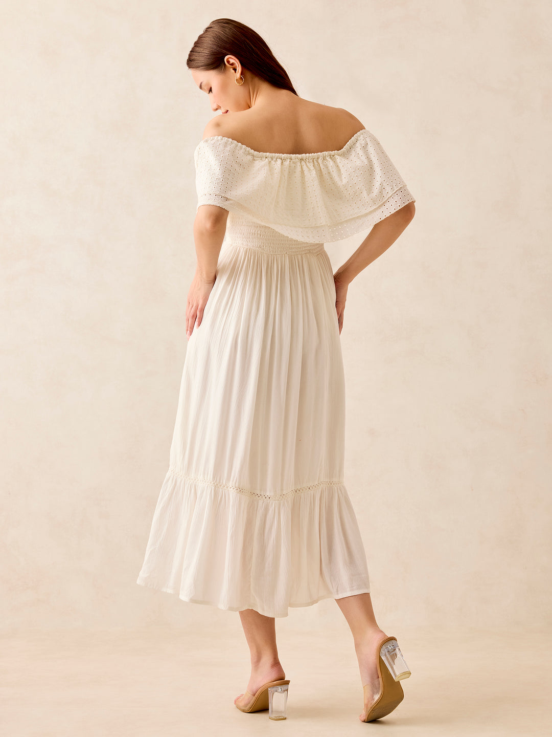 White Off Shoulder Tiered Midi Dress