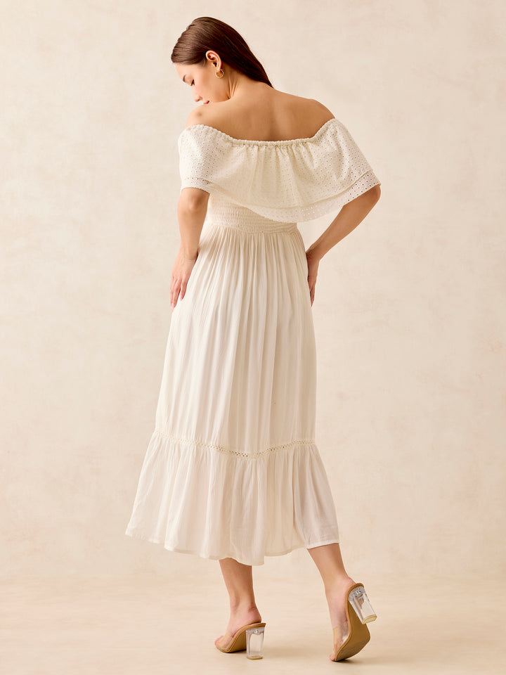 White Off Shoulder Tiered Midi Dress