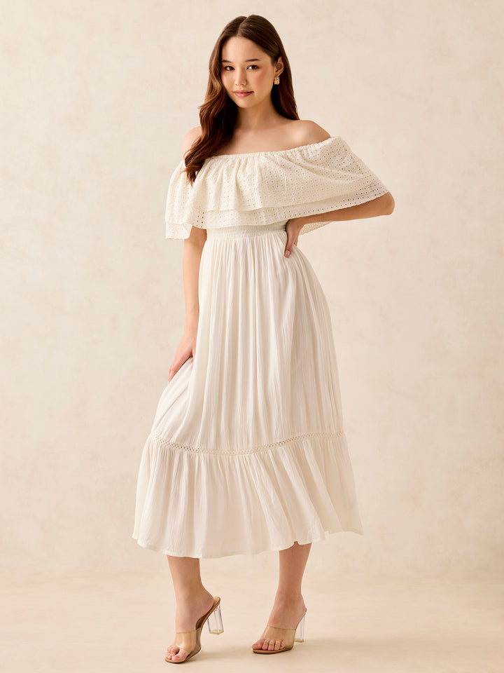 White Off Shoulder Tiered Midi Dress