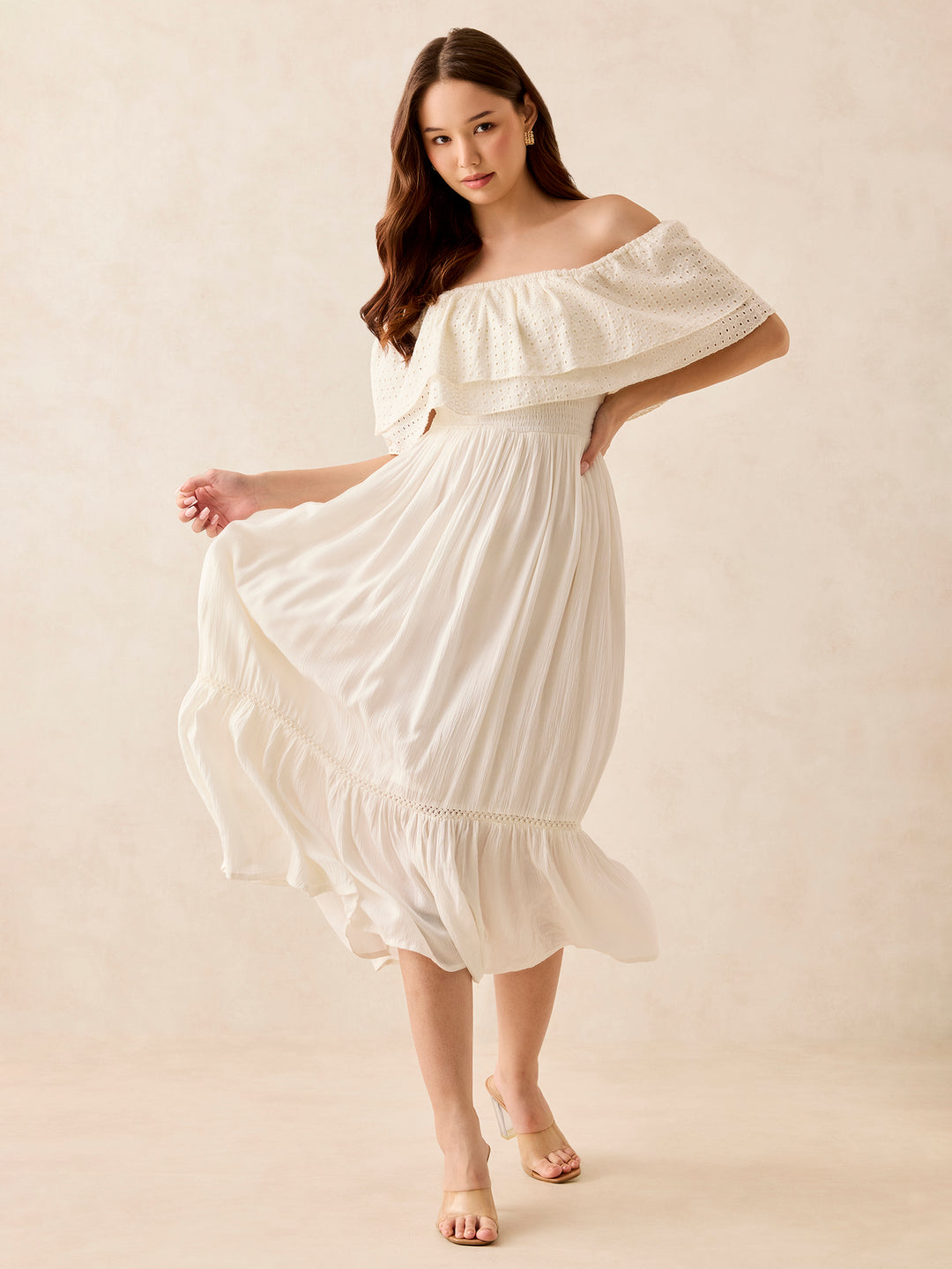 White Off Shoulder Tiered Midi Dress