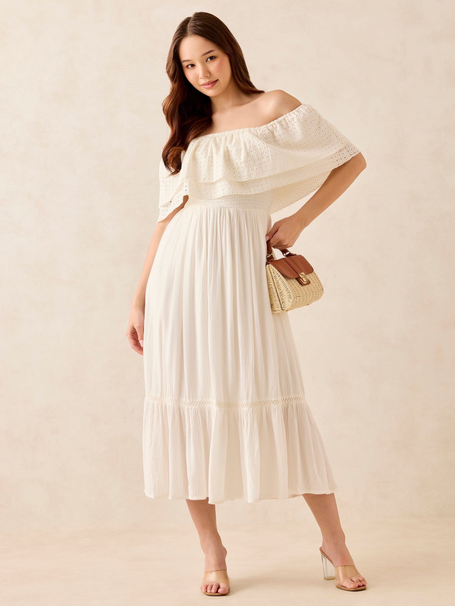 White Off Shoulder Tiered Midi Dress