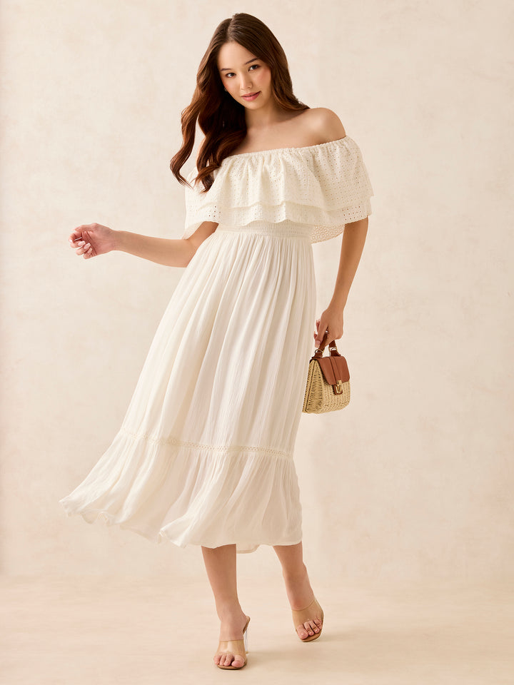 White Off Shoulder Tiered Midi Dress
