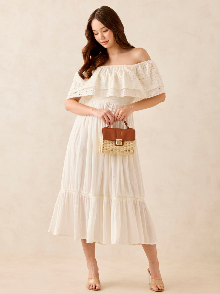 White Off Shoulder Tiered Midi Dress