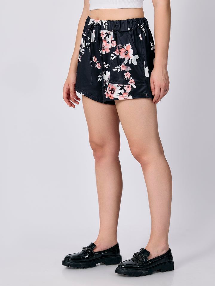 Black Floral Printed Shorts