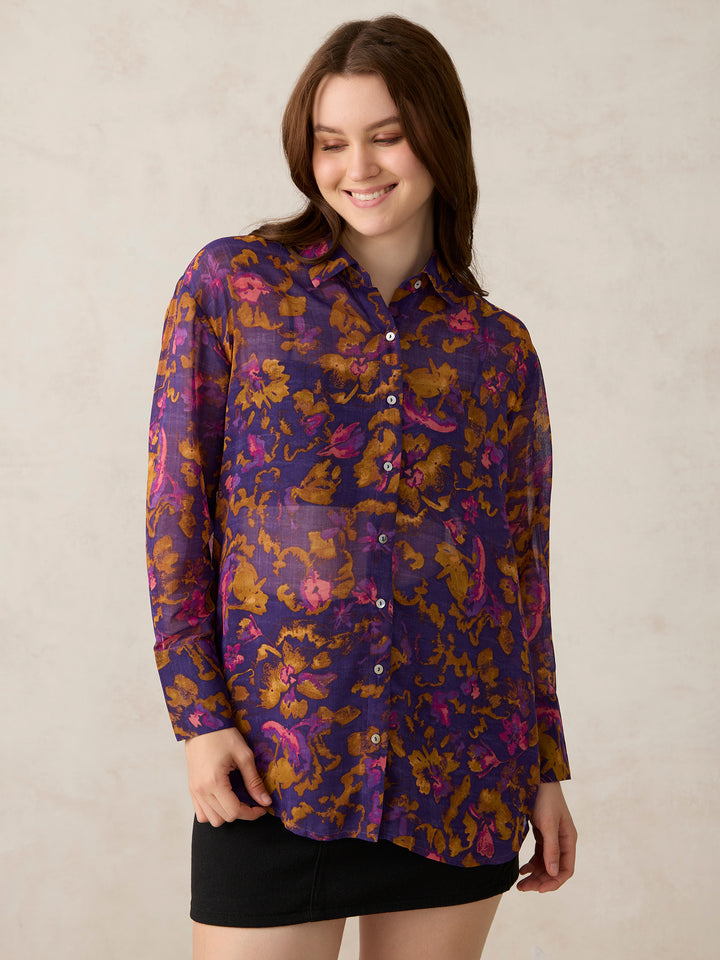 Purple Printed Longline Shirt