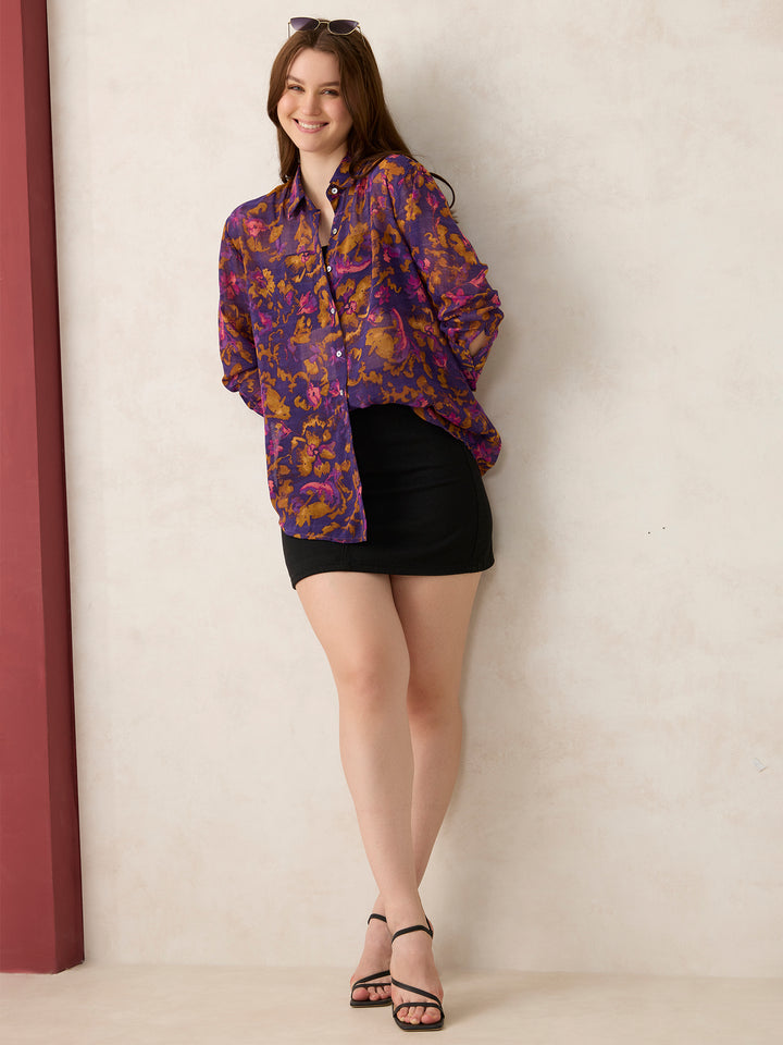 Purple Printed Longline Shirt