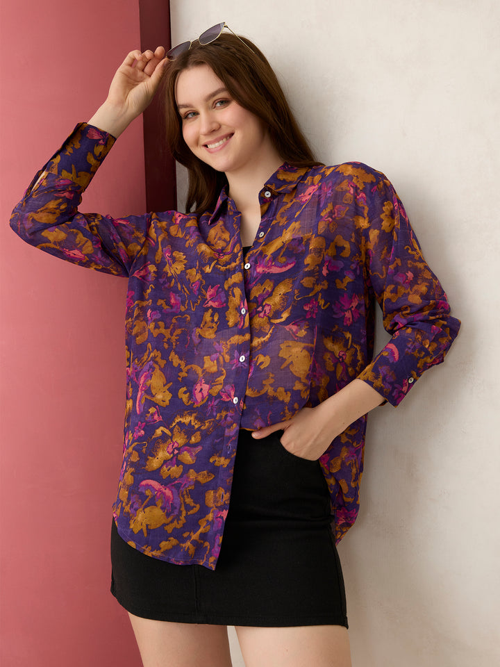 Purple Printed Longline Shirt