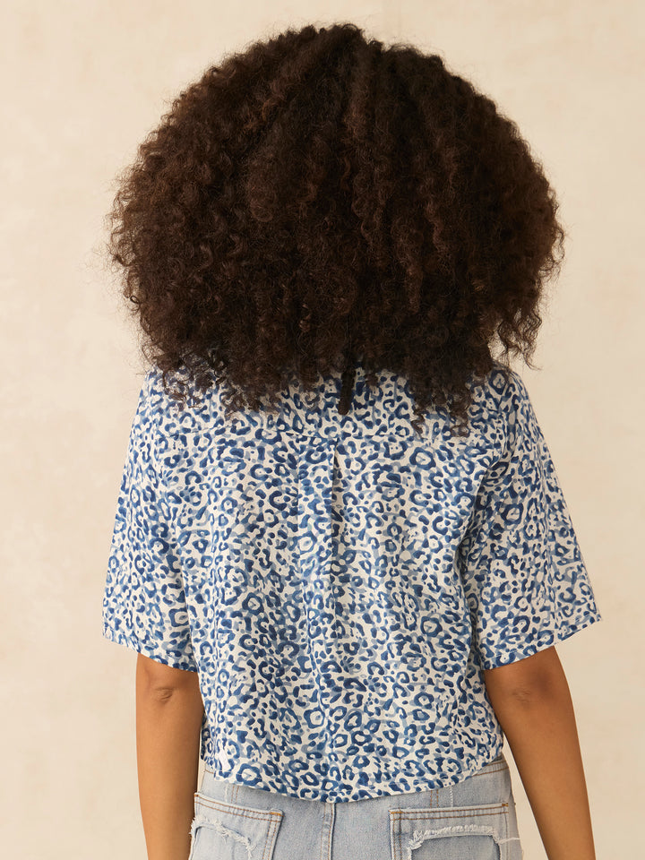 Blue Printed Cropped Shirt
