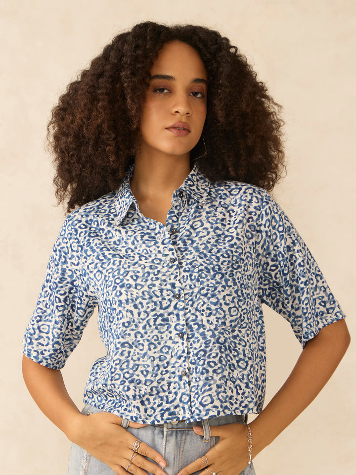 Blue Printed Cropped Shirt