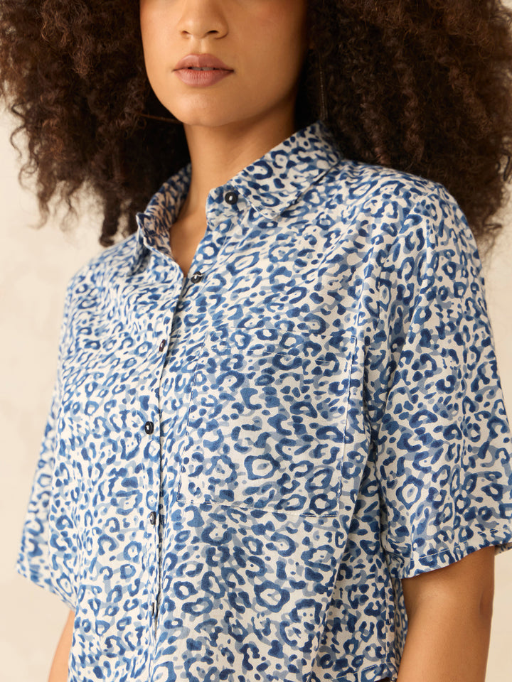 Blue Printed Cropped Shirt